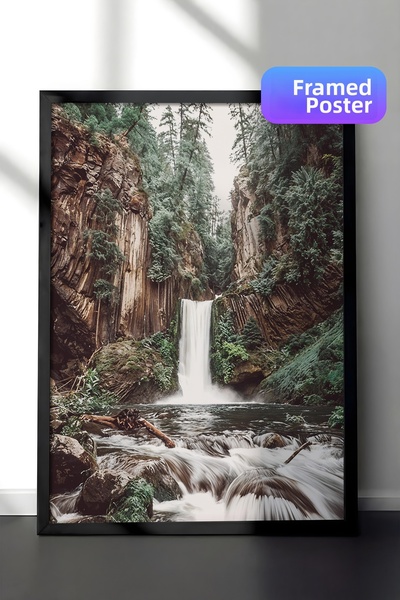 Postifull Pictură înrămată cu cascadă în pădure, cadru negru și poster, pictu...