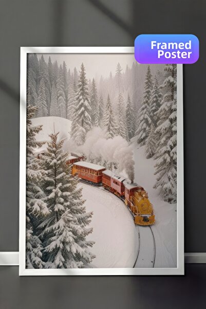 Postifull Pictură de Crăciun cu trenul de sărbători, cadru alb și poster, pic...