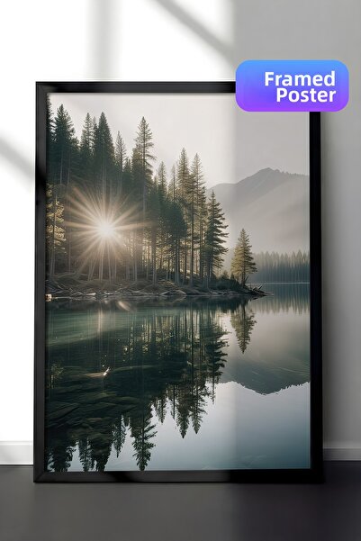 Postifull Pictură înrămată cu lacul Morning View, cadru negru și poster, pict...