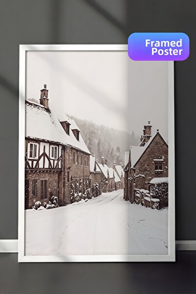 Postifull Pictură de Crăciun Winter Village, cadru alb și poster, pictură mur...