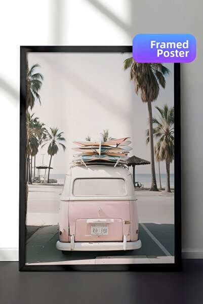 Postifull Pictură înrămată California Surf Van, cadru negru și poster, pictur...