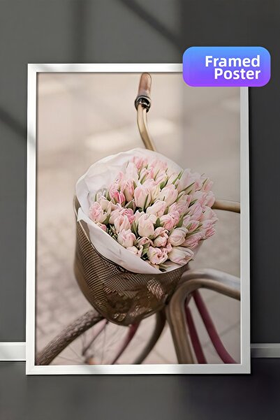 Postifull Tulipani roz pe bicicletă pictură înrămată, pictură verticală pe pe...