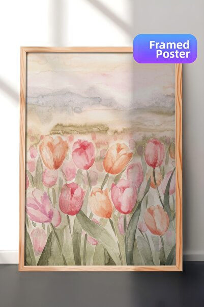 Postifull Pictură înrămată cu tulipani în acuarelă, cadru din lemn și poster,...