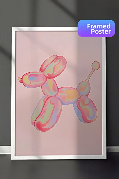 Postifull Pictură cu cadru alb, câine cu balon roz, pictură de perete pentru ...