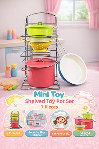 YILDIRIM OYUNCAK 7 Piece Colorful Shelf Steel Cookware Pan Toy Cooking Play H...