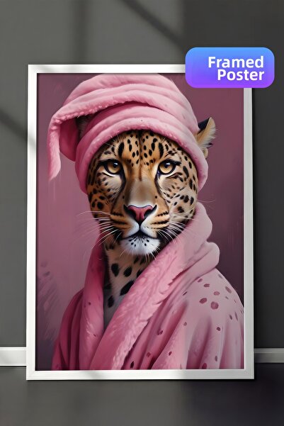 Postifull Pictură cu cadru alb, leopard în o halat de baie, pictură de perete...