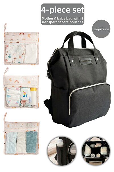 Meleni Baby مجموعة من 4 قطع - حقيبة ظهر للأم والطفل مع منظم للمواليد الجدد ذو...