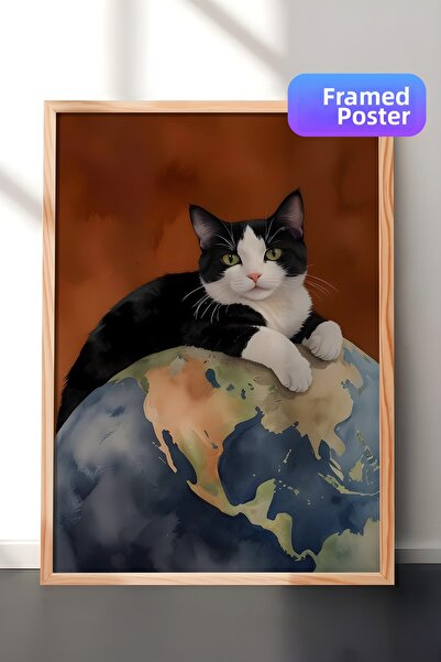 Postifull Wooden Framed Painting, Black Cat on World, Comfort Series Kitchen ...