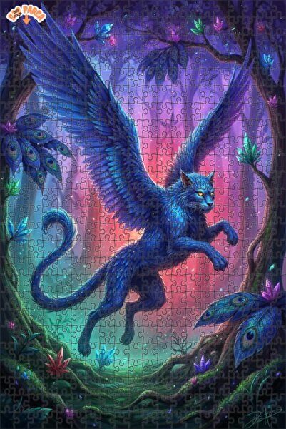 Teona Ahşap لغز فني بتصميم غابة القطط الزرقاء ذات الأجنحة بمظهر لوحة زيتية 50...