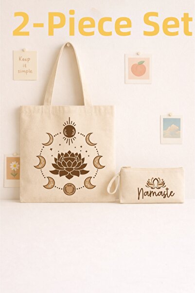 Maki Craft Lotus & Moon Phases 2-Piece Cloth Bag + Zippered Pen Holder Set