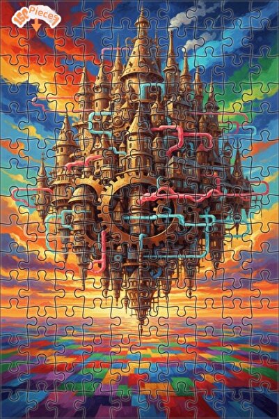 Teona Ahşap Flying Castle Steampunk Oil Painting Look Wooden Puzzle 150 Piece...