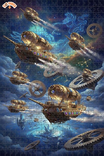 Teona Ahşap Sky Ships Steampunk Art Double Decker Framed Wooden Puzzle 500 Pi...