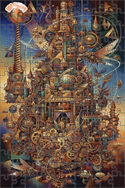 Teona Ahşap Mysterious Mechanical City Oil Painting Look Double-Decker Framed...