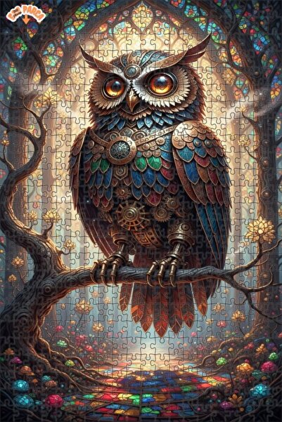 Teona Ahşap Mystical Mechanical Owl Oil Painting Look Double Layer Framed Woo...