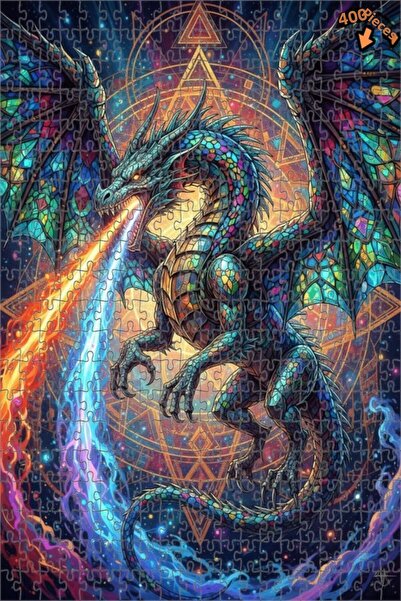 Teona Ahşap لغز خشبي فني حديث بمظهر الزجاج الملون على شكل تنين سحري 400 قطعة ...