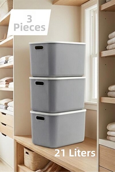 Bayev 3 قطع سلة تخزين رمادية متعددة الأغراض سعة 21 لتر مع غطاء