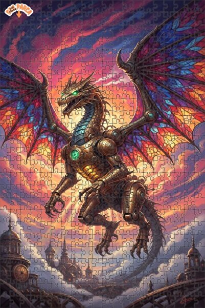 Teona Ahşap Mechanical Dragon Oil Painting Look Double Layer Framed Wooden Pu...