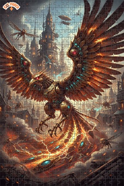 Teona Ahşap Mechanical Phoenix Firebird Oil Painting Look Double-Decker Frame...