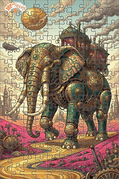 Teona Ahşap Steampunk Mechanical Elephant Design Oil Painting Look Wooden Puz...