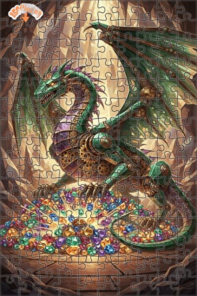 Teona Ahşap Steampunk Green Dragon Treasure Double Layer Framed Wooden Puzzle...