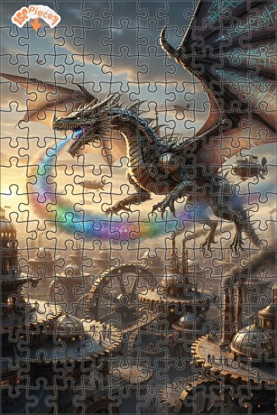 Teona Ahşap Mechanical Dragon Steam Town Oil Painting Look Double-Decker Fram...