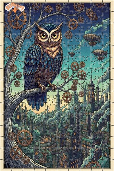 Teona Ahşap Steam City Owl Steampunk Art Double Deck Framed Wooden Puzzle 150...