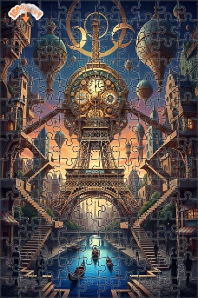 Teona Ahşap لغز خشبي ميكانيكي على شكل برج إيفل بأسلوب ستيمبانك، لوحة زيتية لم...