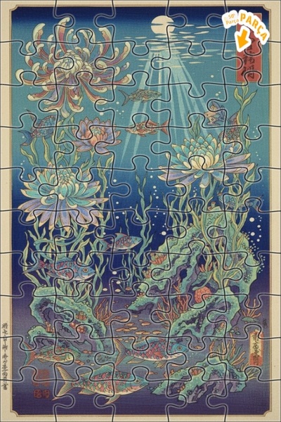 Teona Ahşap لوحة فنية يابانية للأسماك والزهور بمظهر زيتية، لغز خشبي بإطار مزد...