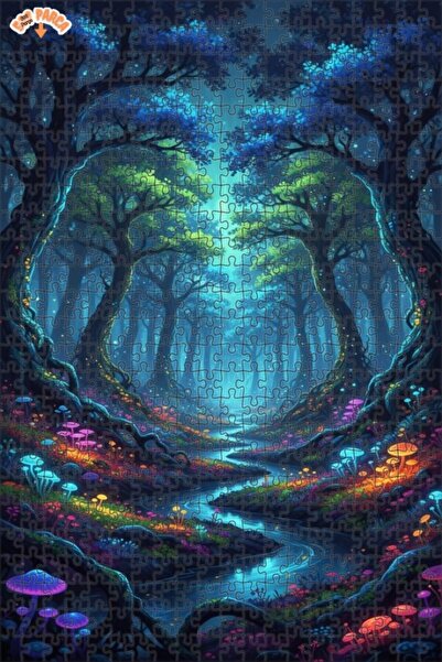 Teona Ahşap لغز خشبي بتصميم الغابة السحرية والفطر المضيء بمظهر اللوحات الزيتي...
