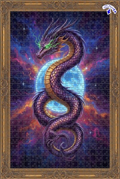 Teona Ahşap Dragon Galaxy Oil Painting Look Double Layer Framed Wooden Puzzle...