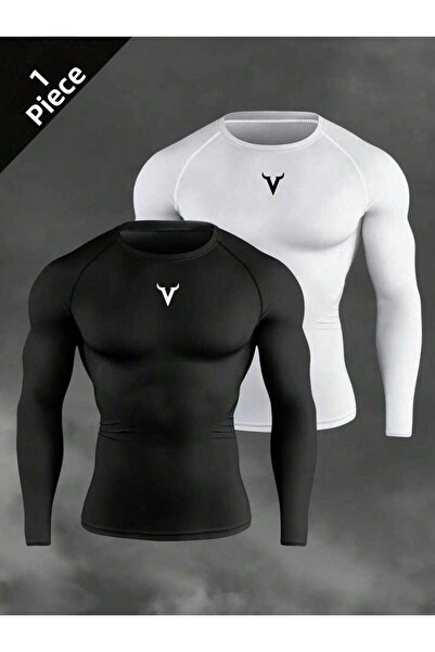 Machetta Men's Black White Bull Printed Long Sleeve Fitness Gym Athlete 2-Pie...