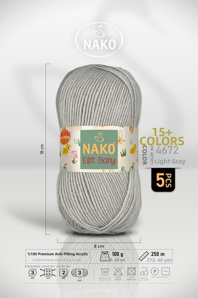 NAKO Elit Baby - 4672 Light Gray - 5 Pack - 100Gr/250M - Baby Yarn - Anti Pil...