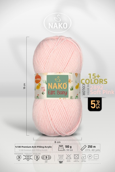 NAKO Elit Baby - 2892 Soft Pink - 5 Pack - 100Gr/250M - Baby Yarn - Anti Pill...