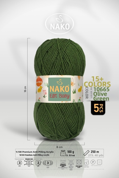NAKO Elit Baby - 10665 Pine Green - 5 Pack - 100Gr/250M - Baby Yarn - Anti Pi...