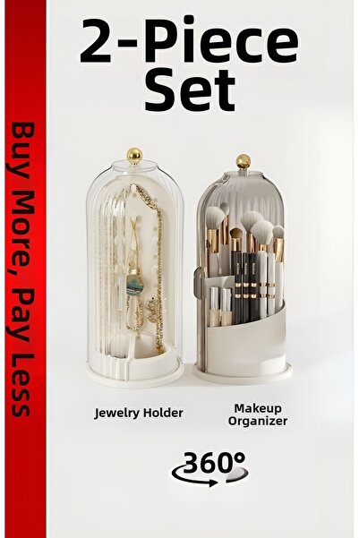 EVİMDM مجموعة من قطعتين 360 °   منظم مكياج زجاجي بغطاء دوار وحامل مجوهرات