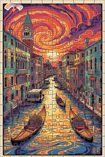 Teona Ahşap لوحة فنية لغروب الشمس في البندقية بمظهر لوحة زيتية، لغز خشبي بإطا...