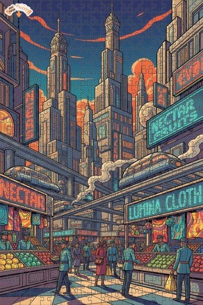 Teona Ahşap لغز خشبي بإطار ذو طابقين بمظهر لوحة زيتية لمدينة مستقبلية 500 قطع...