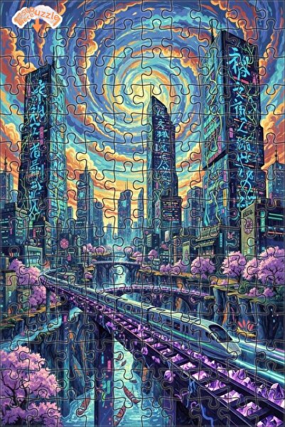 Teona Ahşap لغز خشبي بإطار ذو طابقين بمظهر لوحة زيتية لمدينة يابانية مستقبلية...