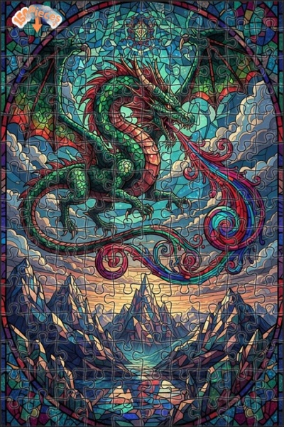 Teona Ahşap لغز خشبي مؤطر بطبقتين على شكل زجاج ملون بتصميم نار التنين 150 قطع...