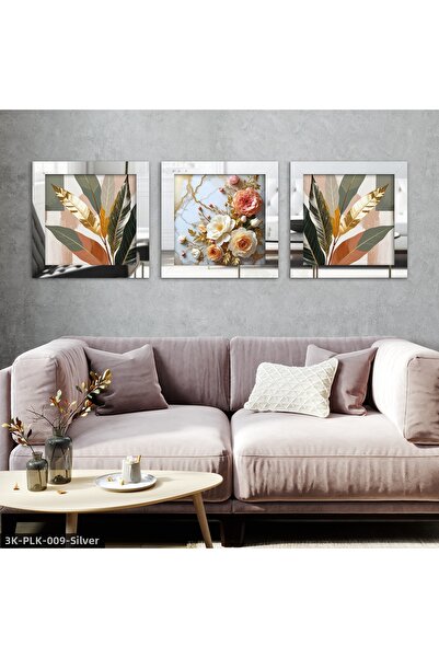 Evinemoda Leaves and Rose 3 Piece Silver Plexi Mirrored Framed Painting