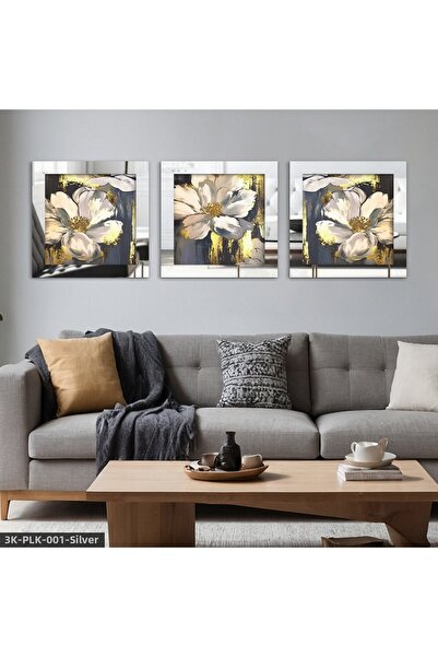 Evinemoda Gold Detailed White Flower 3 Piece Silver Plexi Mirrored Framed Table