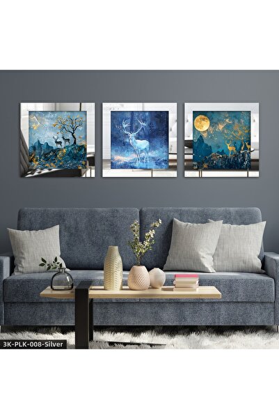 Evinemoda Blue Deer and Gold Moon 3 Piece Silver Plexi Mirrored Framed Painting