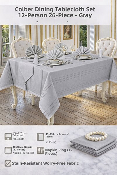 LUNA ÇEYİZ HEDİYELİK Σετ τραπεζομάντηλο Colber για 12 άτομα, 26 τεμάχια – Γκρι