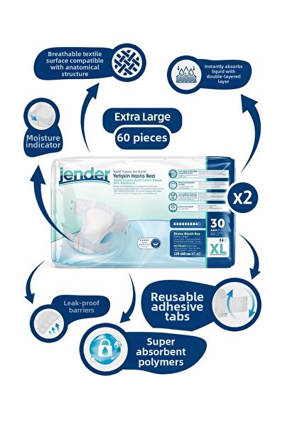 JENDER Patient Diapers with XL Waist Band 2 Packs 60 Pieces