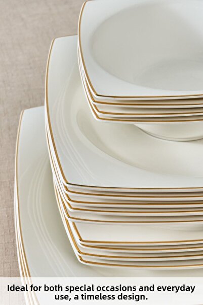 Karaca طقم أواني طعام بورسلين مربع بون مينسا 24 قطعة لـ 6 أشخاص ذهبي