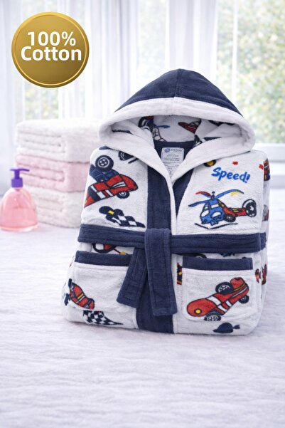 İQON رداء حمام للأطفال مصنوع من القطن بنسبة 100% بغطاء رأس - بنمط سيارة (5-6 ...