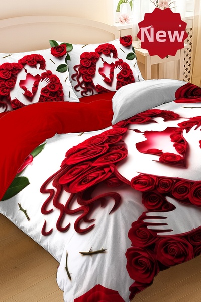 MonoHome Dowry Gift Valentine's Day Cotton Satin Double Heart Duvet Cover Me You