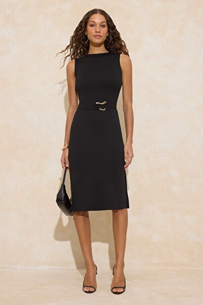 Trendyol Collection Rochie neagră, fără mâneci, cu detalii accesorii, midi in...