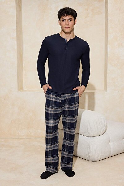 Trendyol Collection Navy Blue Wide Fit Plaid / Checkered Woven Pajama Bottoms...