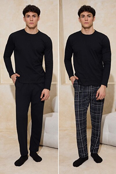 Trendyol Collection Schwarz-Mehrfarbiges 2er-Pack Baumwoll-Pyjamaunterteile T...